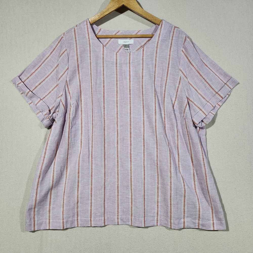 CJ Banks Linen Blend Women 2X Purple Rust Striped Short Sleeve Blouse Top NWT